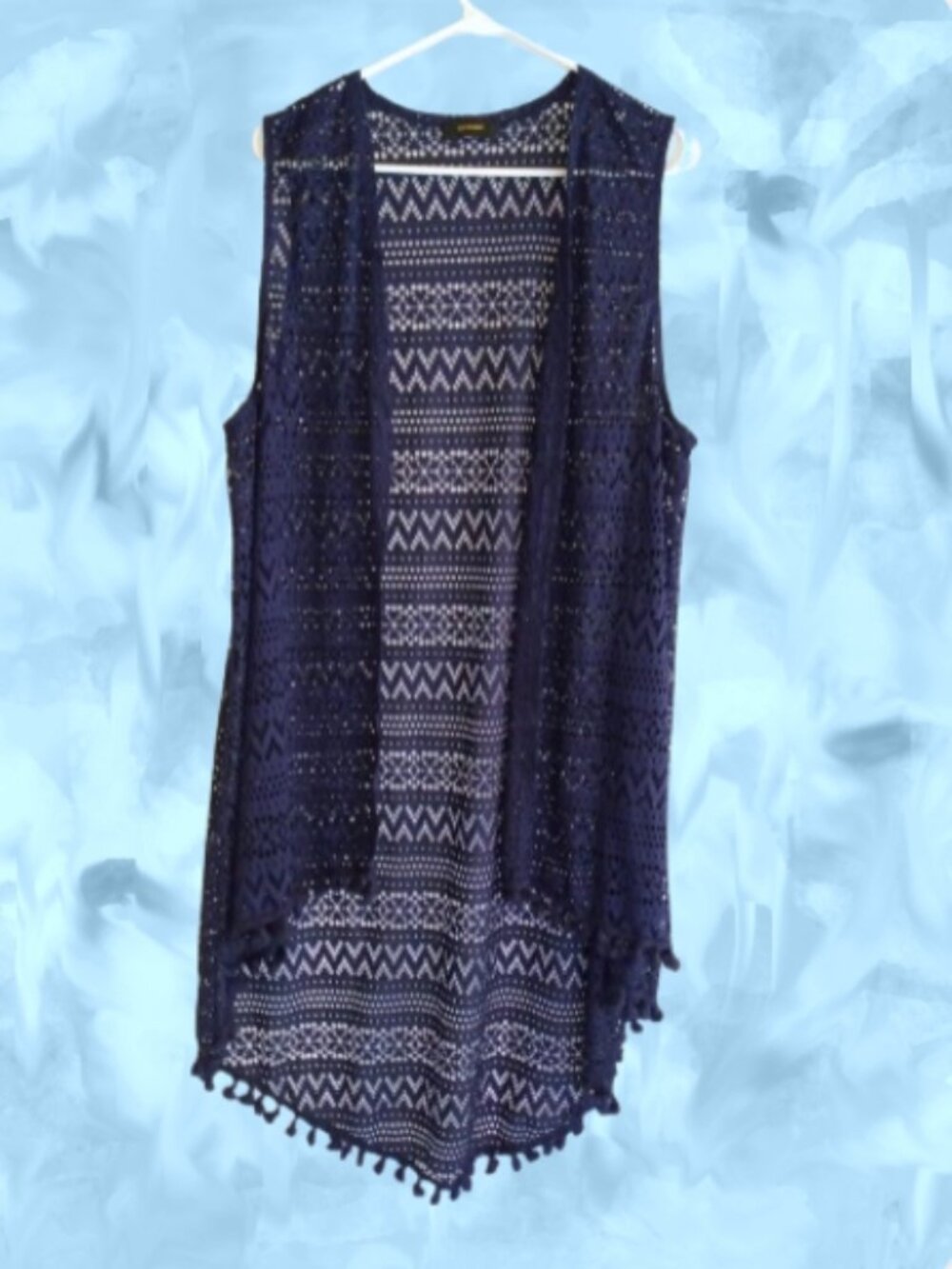 Espresso Fringed Navy Lace Sleeveless Duster L/XL Boho Festival Beachy Layering